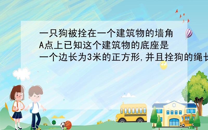 一只狗被拴在一个建筑物的墙角A点上已知这个建筑物的底座是一个边长为3米的正方形,并且拴狗的绳长为4米.算出狗在地面傻瓜活动范围的面积.（保留π）