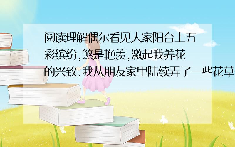 阅读理解偶尔看见人家阳台上五彩缤纷,煞是艳羡,激起我养花的兴致.我从朋友家里陆续弄了一些花草来,海棠、月季、文竹……开始还能记着浇水、松土,但到底很难始终不渝.我才意识到,养