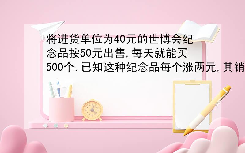 将进货单位为40元的世博会纪念品按50元出售,每天就能买500个.已知这种纪念品每个涨两元,其销售量就减少20个,设销售单价为每件X元,日销售利润为Y元,求Y与X之间的关系式,并求当单价为多少