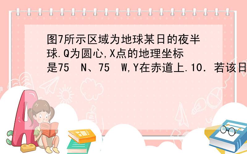 图7所示区域为地球某日的夜半球.Q为圆心,X点的地理坐标是75ºN、75ºW,Y在赤道上.10．若该日一架飞机从P地飞往Y地,途中飞行员始终看到太阳在地平线上,则飞机飞行的方向和时间分别是A