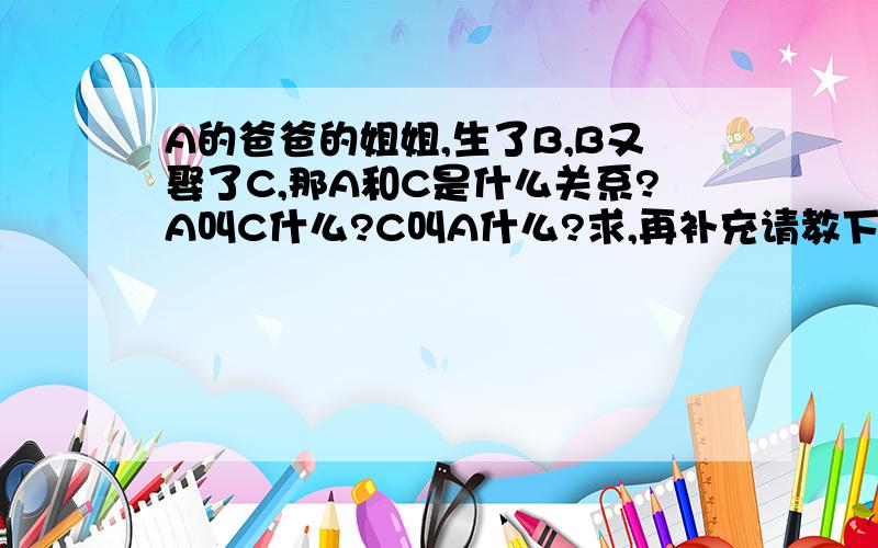 A的爸爸的姐姐,生了B,B又娶了C,那A和C是什么关系?A叫C什么?C叫A什么?求,再补充请教下,A和C的亲戚是远还是近?A是男的,B是男的,C是女的,谢谢