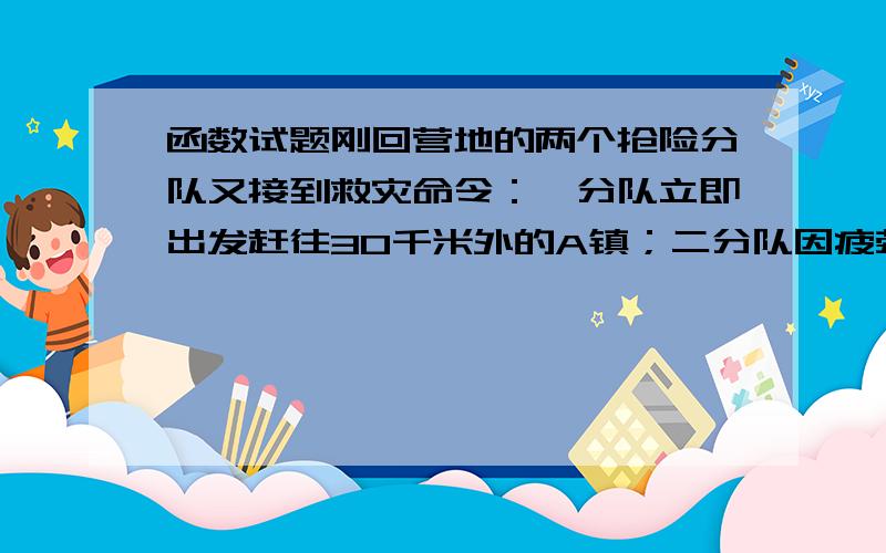 函数试题刚回营地的两个抢险分队又接到救灾命令：一分队立即出发赶往30千米外的A镇；二分队因疲劳可在营地休息a（0≤a≤3）小时再赶往A镇参加救灾,一分队出发后得知,唯一通往A镇的道