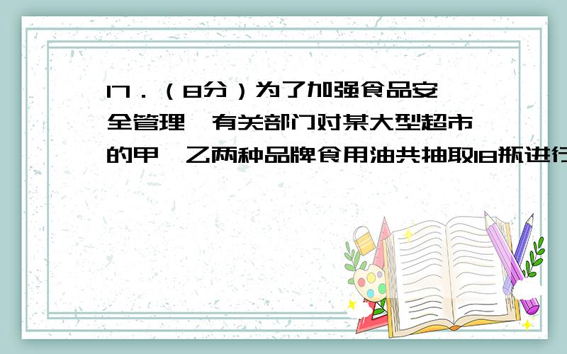 17．（8分）为了加强食品安全管理,有关部门对某大型超市的甲、乙两种品牌食用油共抽取18瓶进行检测,检测宏宇成342 | 2012-05-31 | 分享检测结果分成