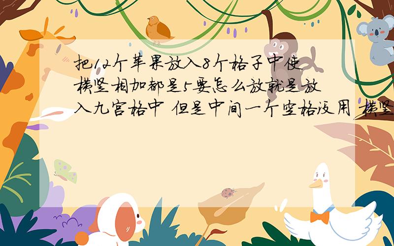 把12个苹果放入8个格子中使横竖相加都是5要怎么放就是放入九宫格中 但是中间一个空格没用 横竖相加都是5 该怎么放 急 急 麻烦晓得的告知一声