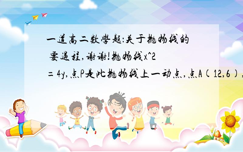 一道高二数学题：关于抛物线的 要过程,谢谢!抛物线x^2=4y,点P是此抛物线上一动点,点A(12,6),求点P到点A的距离与到x轴的距离之和的最小值.