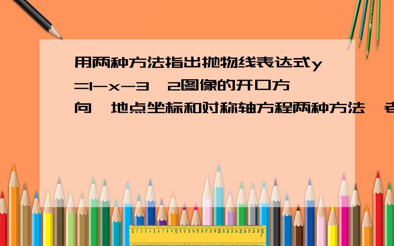 用两种方法指出抛物线表达式y=1-x-3^2图像的开口方向,地点坐标和对称轴方程两种方法,老师不让跳步每一步都要配方法和顶点法