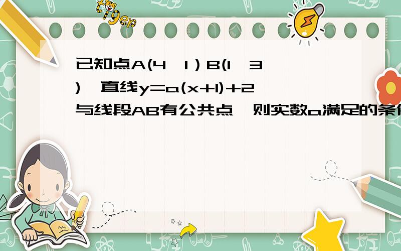 已知点A(4,1）B(1,3),直线y=a(x+1)+2与线段AB有公共点,则实数a满足的条件是?