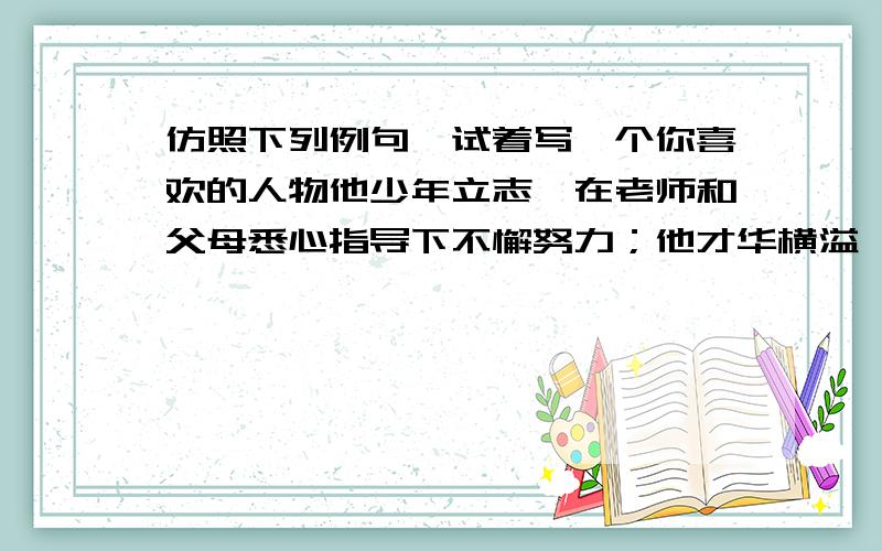 仿照下列例句,试着写一个你喜欢的人物他少年立志,在老师和父母悉心指导下不懈努力；他才华横溢,诗、词、散文、书画都达到了所处时代的最高峰；他为政清廉勤苦,深受百姓爱戴；他重情