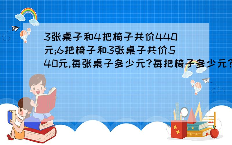 3张桌子和4把椅子共价440元;6把椅子和3张桌子共价540元,每张桌子多少元?每把椅子多少元?要有列式,我是六年级的,各位高手帮帮忙!~~~