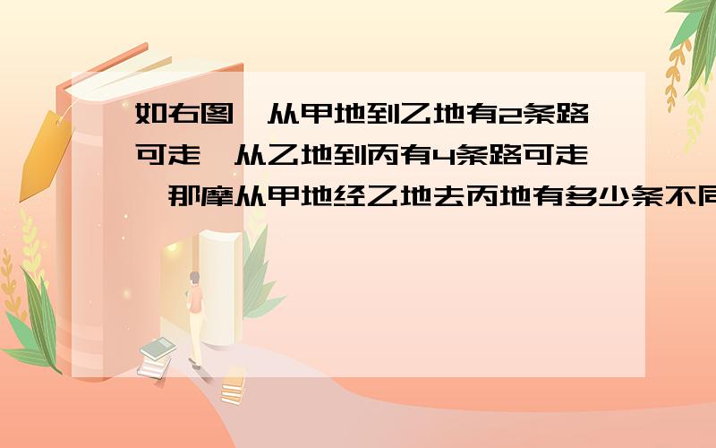 如右图,从甲地到乙地有2条路可走,从乙地到丙有4条路可走,那摩从甲地经乙地去丙地有多少条不同的路?