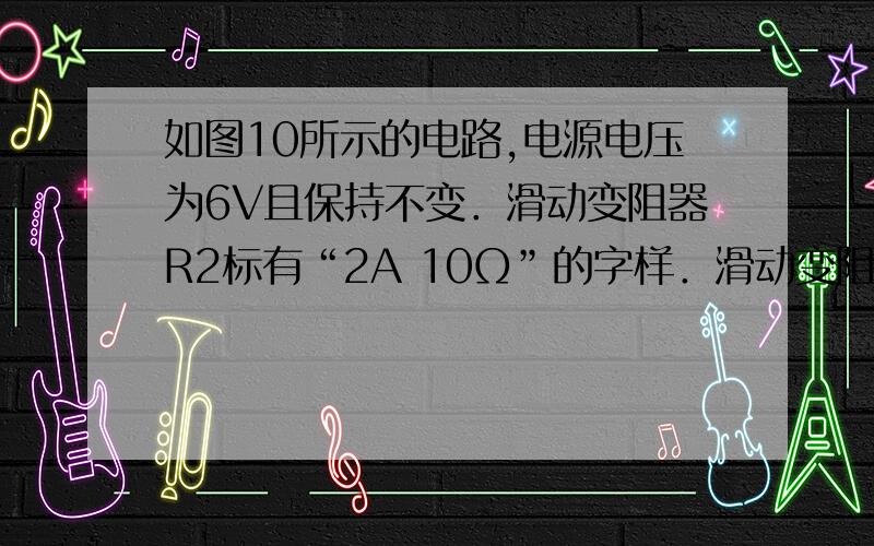 如图10所示的电路,电源电压为6V且保持不变．滑动变阻器R2标有“2A 10Ω”的字样．滑动变阻器滑片P在最右端,闭合电健S,通过电阻R1的电流为0.5A．求：（1）电阻R1的阻值；（2）通过干路中的电