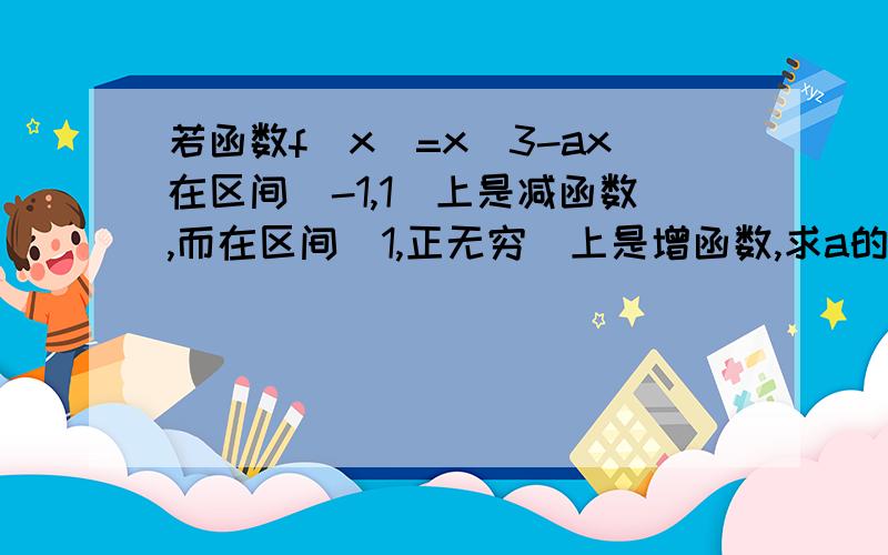 若函数f(x)=x^3-ax在区间[-1,1]上是减函数,而在区间[1,正无穷)上是增函数,求a的值