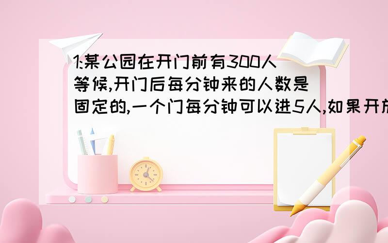 1:某公园在开门前有300人等候,开门后每分钟来的人数是固定的,一个门每分钟可以进5人,如果开放4个门,20分钟后就没有人排队,现在开放6个门,那么开门后多少分钟就没有人排队?2:有三块草地,