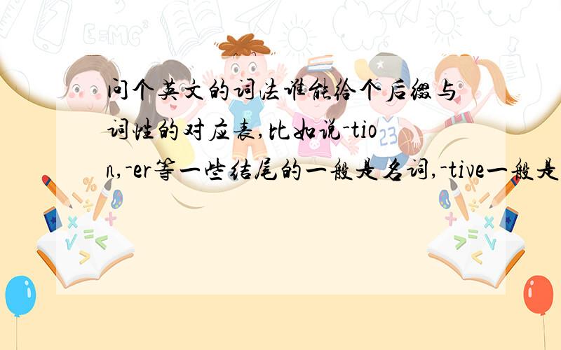 问个英文的词法谁能给个后缀与词性的对应表,比如说-tion,-er等一些结尾的一般是名词,-tive一般是形容词 等等...越完整的越好.Thank you