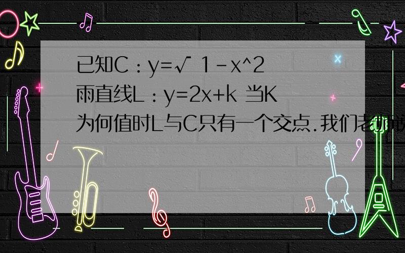 已知C：y=√ 1-x^2 雨直线L：y=2x+k 当K为何值时L与C只有一个交点.我们老师说可以肯定 y≥0 还画出了 C的图像是 y正半轴上的一个半圆.请问C的图像为什么是这.