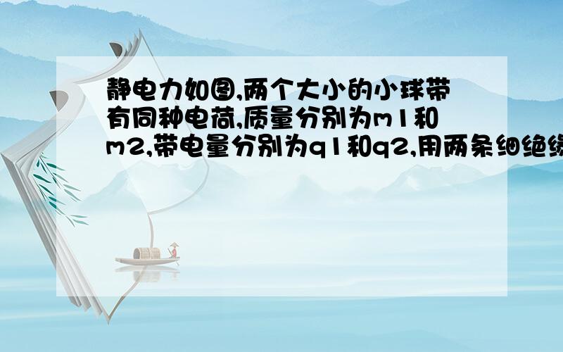 静电力如图,两个大小的小球带有同种电荷,质量分别为m1和m2,带电量分别为q1和q2,用两条细绝缘线在同一点悬挂后,因静电力而使两悬线张开,他们与竖直线所成角度均为a,且两球同处一水平线上