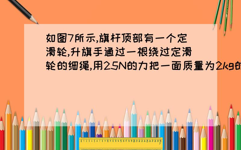 如图7所示,旗杆顶部有一个定滑轮,升旗手通过一根绕过定滑轮的细绳,用25N的力把一面质量为2kg的国旗沿竖直方向匀速拉动上升8m.求:(1)升旗手拉动绳子所做的功;(2)定滑轮的机械效率.(不计细