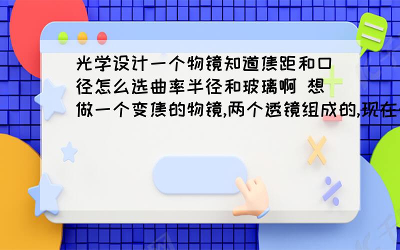 光学设计一个物镜知道焦距和口径怎么选曲率半径和玻璃啊 想做一个变焦的物镜,两个透镜组成的,现在知道组合透镜的焦距在199~220之间.口径50.我要怎么选玻璃和确定半径啊.