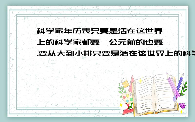 科学家年历表只要是活在这世界上的科学家都要,公元前的也要.要从大到小排只要是活在这世界上的科学家都要,公元前的也要.要从大到小排,年龄和主要贡献也要