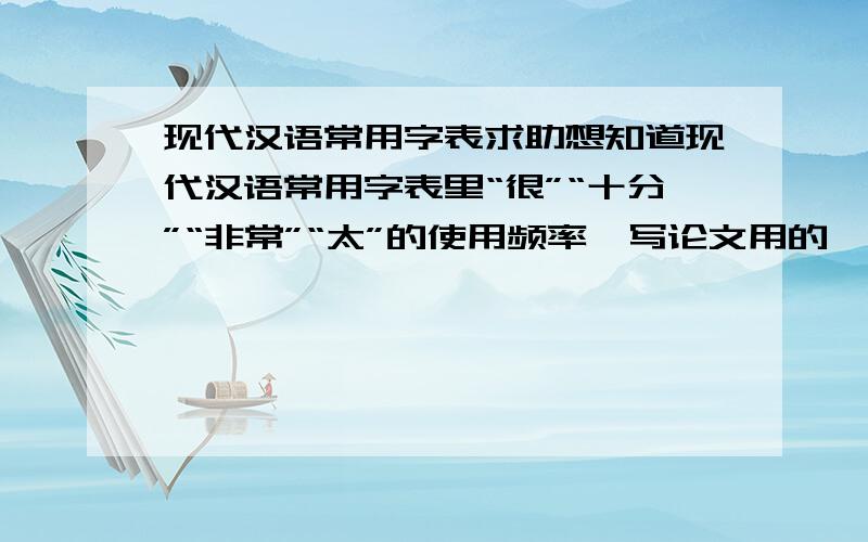 现代汉语常用字表求助想知道现代汉语常用字表里“很”“十分”“非常”“太”的使用频率,写论文用的,现在国外很麻烦,最好是具体点的回答,跪谢!《现代汉语常用字表（草案）》2008年出