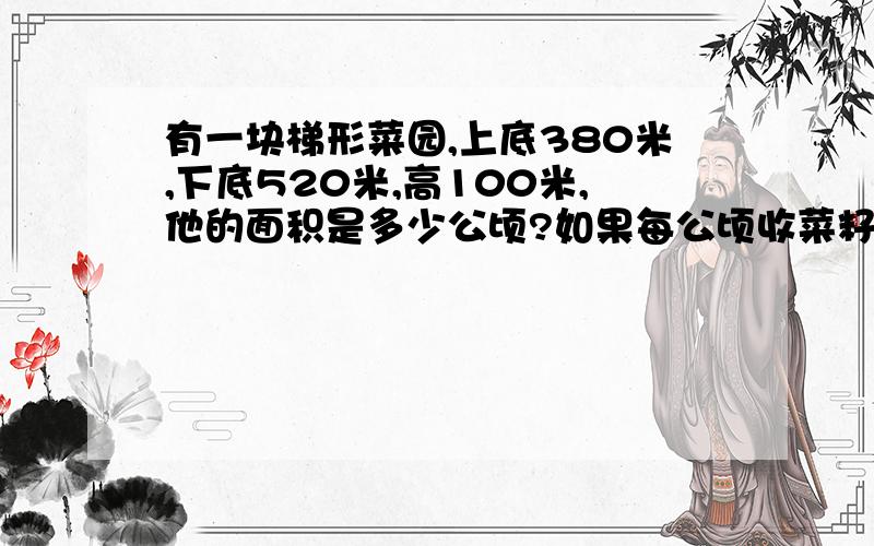 有一块梯形菜园,上底380米,下底520米,高100米,他的面积是多少公顷?如果每公顷收菜籽3000千克,这块菜园能收菜籽20吨吗