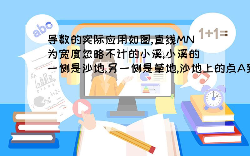 导数的实际应用如图,直线MN为宽度忽略不计的小溪,小溪的一侧是沙地,另一侧是草地,沙地上的点A到小溪MN的距离AC=20km,草地上的点B到小溪的距离BD=30km,现有一位骑士要把情报从A送到B已知骑士