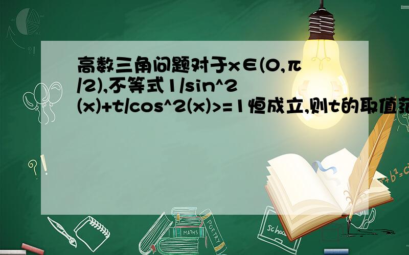 高数三角问题对于x∈(0,π/2),不等式1/sin^2(x)+t/cos^2(x)>=1恒成立,则t的取值范围为?