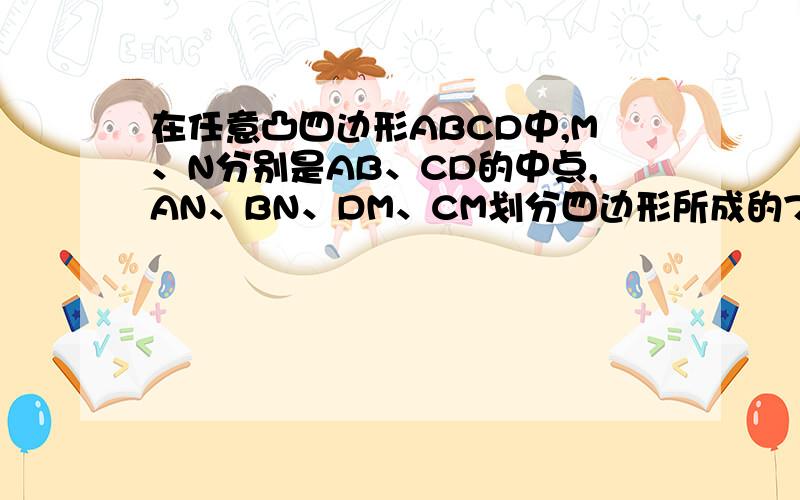 在任意凸四边形ABCD中,M、N分别是AB、CD的中点,AN、BN、DM、CM划分四边形所成的7个区域的面积分别为S1、S2、S3、S4、S5、S6、S7.那么,在S3+S5＝S4和S1+S7＝S4这两个关系式中有一个结论是正确的,请你