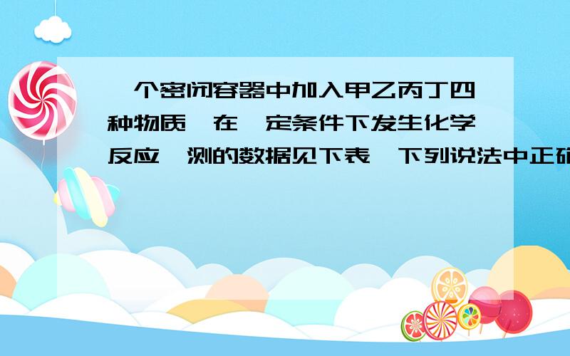 一个密闭容器中加入甲乙丙丁四种物质,在一定条件下发生化学反应,测的数据见下表,下列说法中正确的是?物质质量 甲 乙 丙 丁反应前 25g X 5g 5g反应后 8g 23g 5g 8gA.X=9B该反应是化合反应C在该反