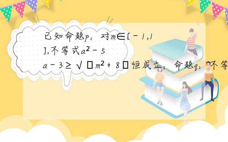 已知命题p：对m∈[－1,1],不等式a²－5a－3≥√﹙m²＋8﹚恒成立；命题q：不等式χ²＋aχ＋2＜0有解.若p是真命题,q是假命题,求a的取值范围.