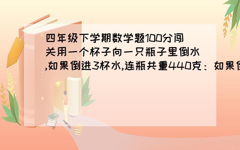 四年级下学期数学题100分闯关用一个杯子向一只瓶子里倒水,如果倒进3杯水,连瓶共重440克：如果倒进5杯水,连瓶共重600克,一杯水和一只空瓶各重多少斤?