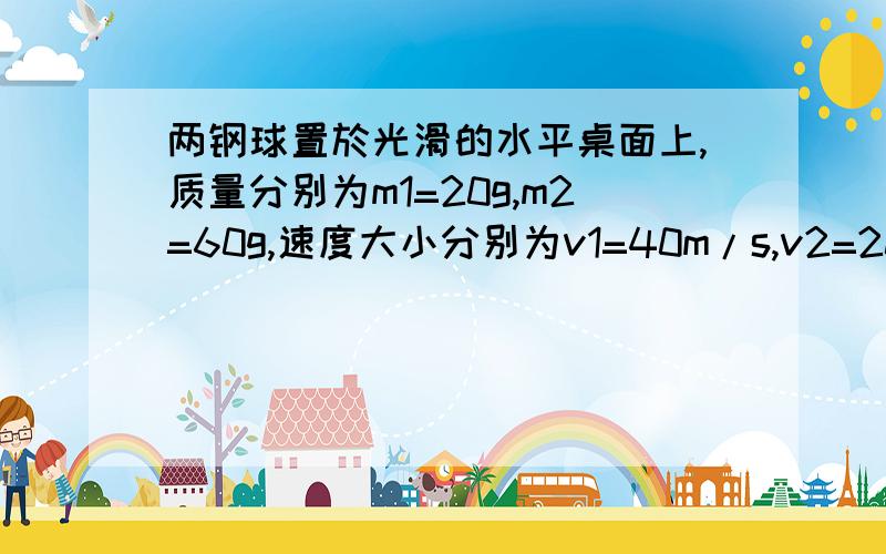 两钢球置於光滑的水平桌面上,质量分别为m1=20g,m2=60g,速度大小分别为v1=40m/s,v2=20m/s,相向而行发生碰撞,碰撞後m2,恰好静止,求碰撞後m1的速度?