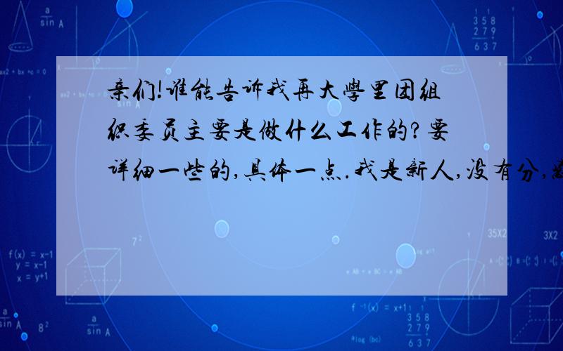 亲们!谁能告诉我再大学里团组织委员主要是做什么工作的?要详细一些的,具体一点.我是新人,没有分,感激不尽!orz!orz orz orz