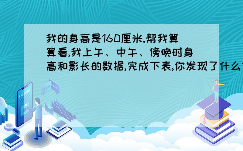 我的身高是160厘米.帮我算算看,我上午、中午、傍晚时身高和影长的数据,完成下表,你发现了什么?