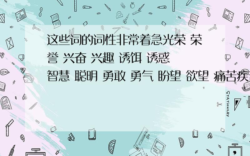 这些词的词性非常着急光荣 荣誉 兴奋 兴趣 诱饵 诱惑 智慧 聪明 勇敢 勇气 盼望 欲望 痛苦疾苦 限度 限制 充满 充足 充分 理想 感想 幻想 突然 偶然 忽然常务 家务 医务 一致 一律 一概 作