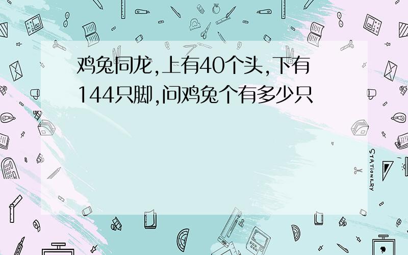 鸡兔同龙,上有40个头,下有144只脚,问鸡兔个有多少只