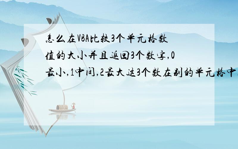 怎么在VBA比较3个单元格数值的大小并且返回3个数字,0最小,1中间,2最大这3个数在别的单元格中输出.这3个数可以是小数跟正数 代码怎么写啊