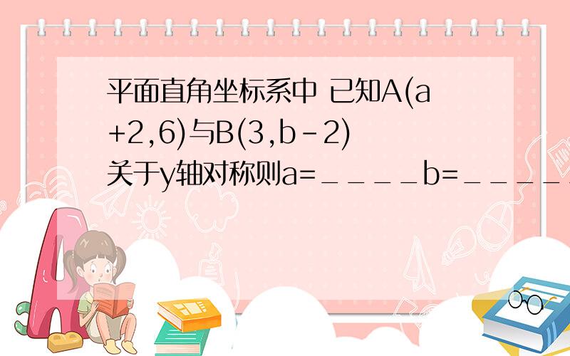 平面直角坐标系中 已知A(a+2,6)与B(3,b-2)关于y轴对称则a=____b=______