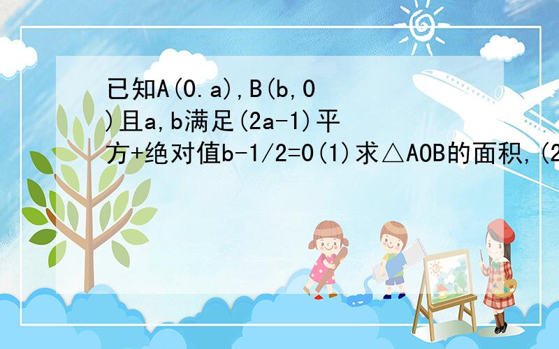 已知A(0.a),B(b,0)且a,b满足(2a-1)平方+绝对值b-1/2=0(1)求△AOB的面积,(2)如图,点C在线段AB上(A.B两端点出外),AD⊥AB,且∠DOC=45度求证;OD平分∠ADC;(3)