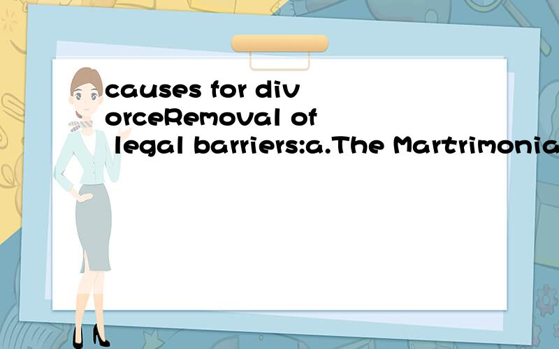 causes for divorceRemoval of legal barriers:a.The Martrimonial Causes Act of 1857 (adultery)b.1950 divorce act (cruelty and desertion)c.Divorce Reform Act 1971/ Nullity of Marriage Act 1971(the irretrievable breakdown of the marriage)d.Divorce legisl