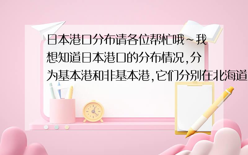 日本港口分布请各位帮忙哦~我想知道日本港口的分布情况,分为基本港和非基本港,它们分别在北海道,本州,九州,四国的那个上面~~谢谢咯~~分先给这么多咯,如果答案满意我会再加给你的~~开始