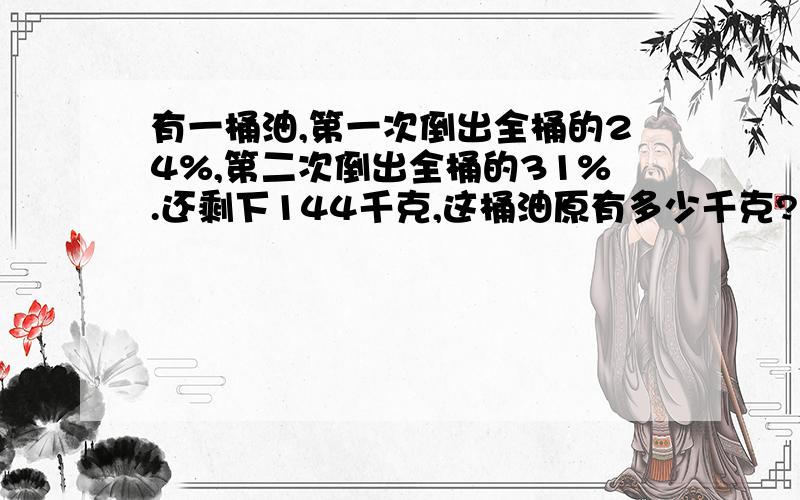 有一桶油,第一次倒出全桶的24%,第二次倒出全桶的31%.还剩下144千克,这桶油原有多少千克?