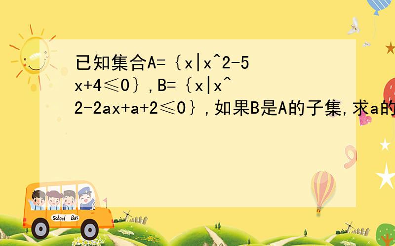 已知集合A=｛x|x^2-5x+4≤0｝,B=｛x|x^2-2ax+a+2≤0｝,如果B是A的子集,求a的取值范围