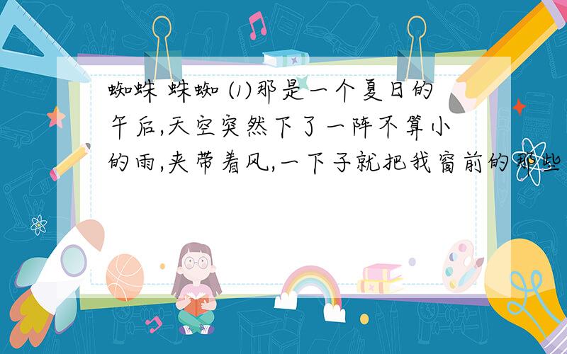 蜘蛛 蛛蜘 ⑴那是一个夏日的午后,天空突然下了一阵不算小的雨,夹带着风,一下子就把我窗前的那些盆花,淋得面目全非.泥水从花盆里向外溢,使铺着花砖的走廊,溅上了许多,也使原来十分清洁