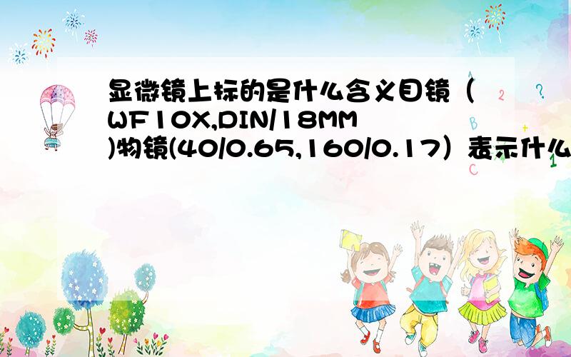 显微镜上标的是什么含义目镜（WF10X,DIN/18MM)物镜(40/0.65,160/0.17）表示什么含义?目镜是一个，物镜也是只有一个。