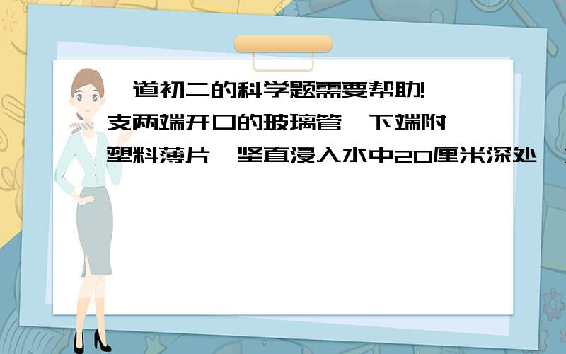 一道初二的科学题需要帮助!一支两端开口的玻璃管,下端附一塑料薄片,坚直浸入水中20厘米深处,如果在管中缓慢注入某种液体,当该液面超出水面5厘米时,薄片刚好落下,该液体的密度是多大?((