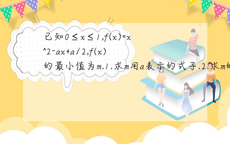 已知0≤x≤1,f(x)=x^2-ax+a/2,f(x)的最小值为m.1.求m用a表示的式子.2.求m的最大值.已知0≤x≤1,f(x)=x^2-ax+a/2,f(x)的最小值为m.1.求m用a表示的式子.2.求m的最大值.看不懂 %>_