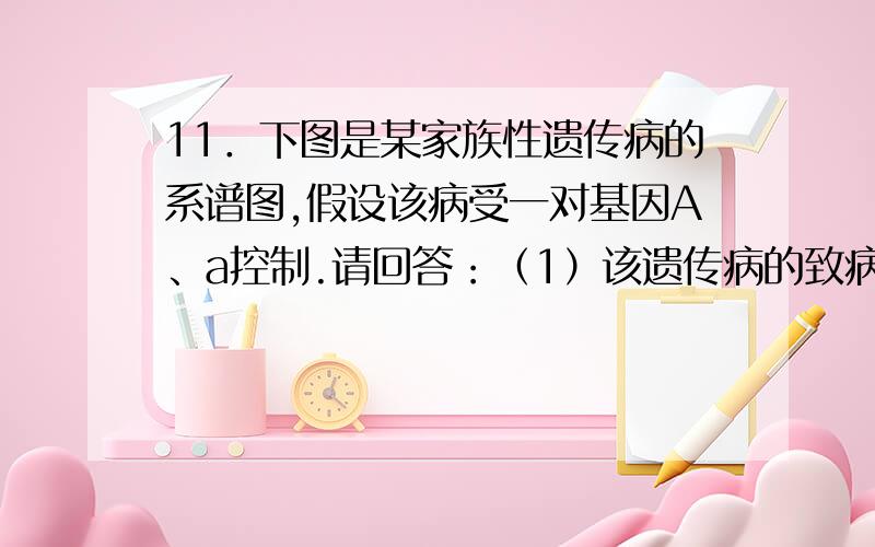 11．下图是某家族性遗传病的系谱图,假设该病受一对基因A、a控制.请回答：（1）该遗传病的致病基因是 （填显或隐）性基因.（1）该遗传病的致病基因是 （填显或隐）性基因.（1）该遗传病