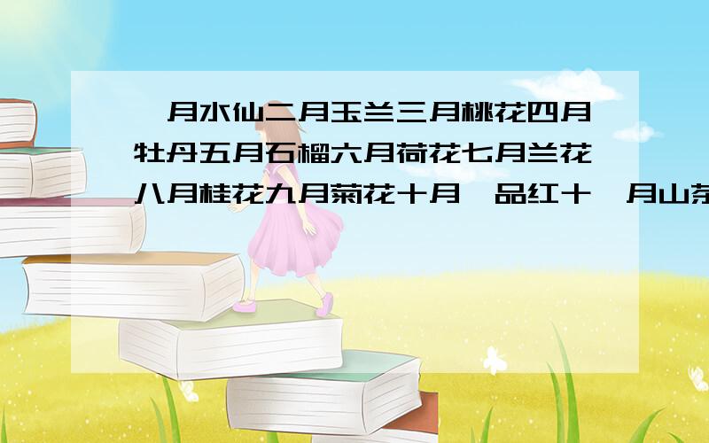 一月水仙二月玉兰三月桃花四月牡丹五月石榴六月荷花七月兰花八月桂花九月菊花十月一品红十一月山茶十二...一月水仙二月玉兰三月桃花四月牡丹五月石榴六月荷花七月兰花八月桂花九月