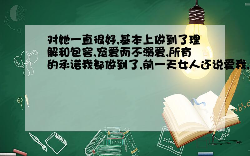 对她一直很好,基本上做到了理解和包容,宠爱而不溺爱,所有的承诺我都做到了,前一天女人还说爱我,隔一天后居然就一定要分手,这会是什么原因呢?还说她的承诺只是爱我时候说的,现在就是